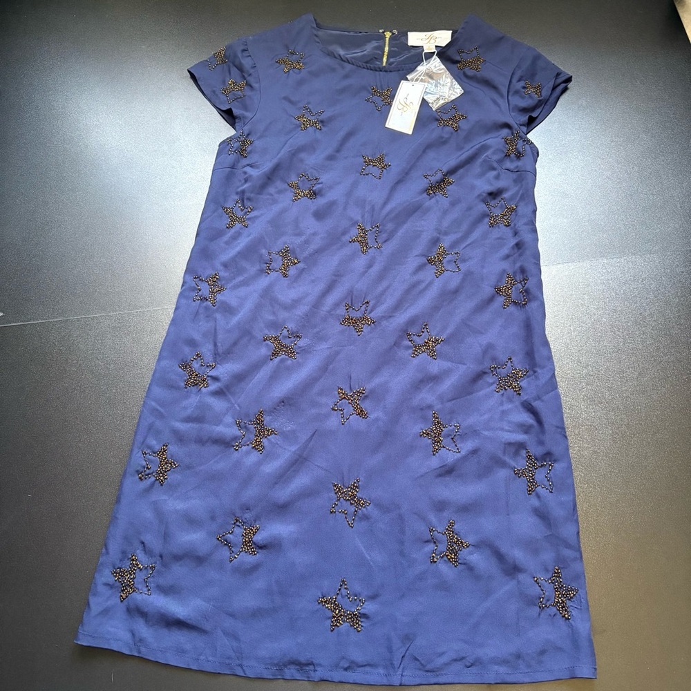 JULIE‎ BROWN Navy Blue Beaded Gold Star Cocktail Dress 8 Short Sleeve embroid